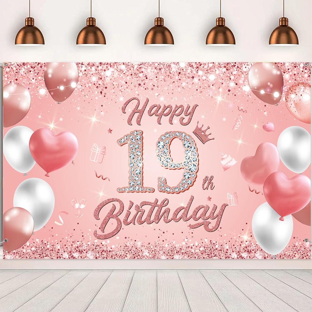 Happy 19th Birthday Banner Rose Gold 1.1 x 1.8m Happy Birthday Banner Backdrop 19th birthday Decorations for Girls Women, 19 Years Old Anniversary Party Supplies