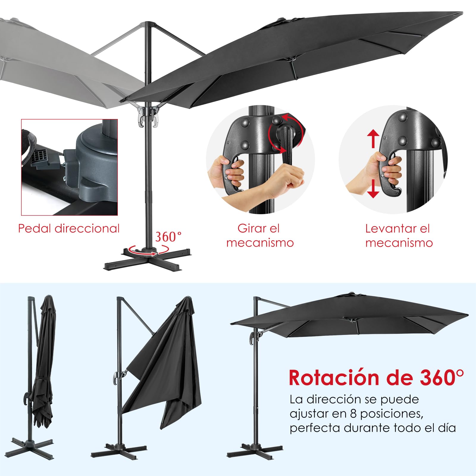 COSTWAY Sombrilla Terraza Exterior 3x3M con Base Cruzada, Sombrilla Rectangular 3 Inclinaciones, Rotación 360°, Parasol Excentrico Grande Jardin Terraza Playa Exterior