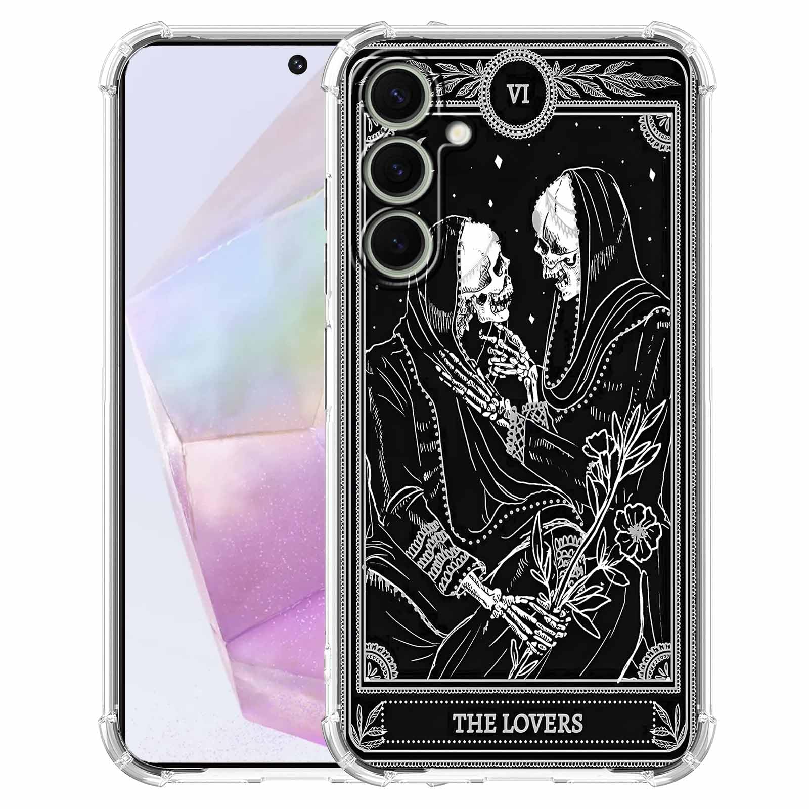 AOSSXIN The Lovers Tarot Card Case for Samsung Galaxy A35,Trippy Hippie Black Skull Pattern,Soft TPU Protective Cover Case Compatible with Galaxy A35