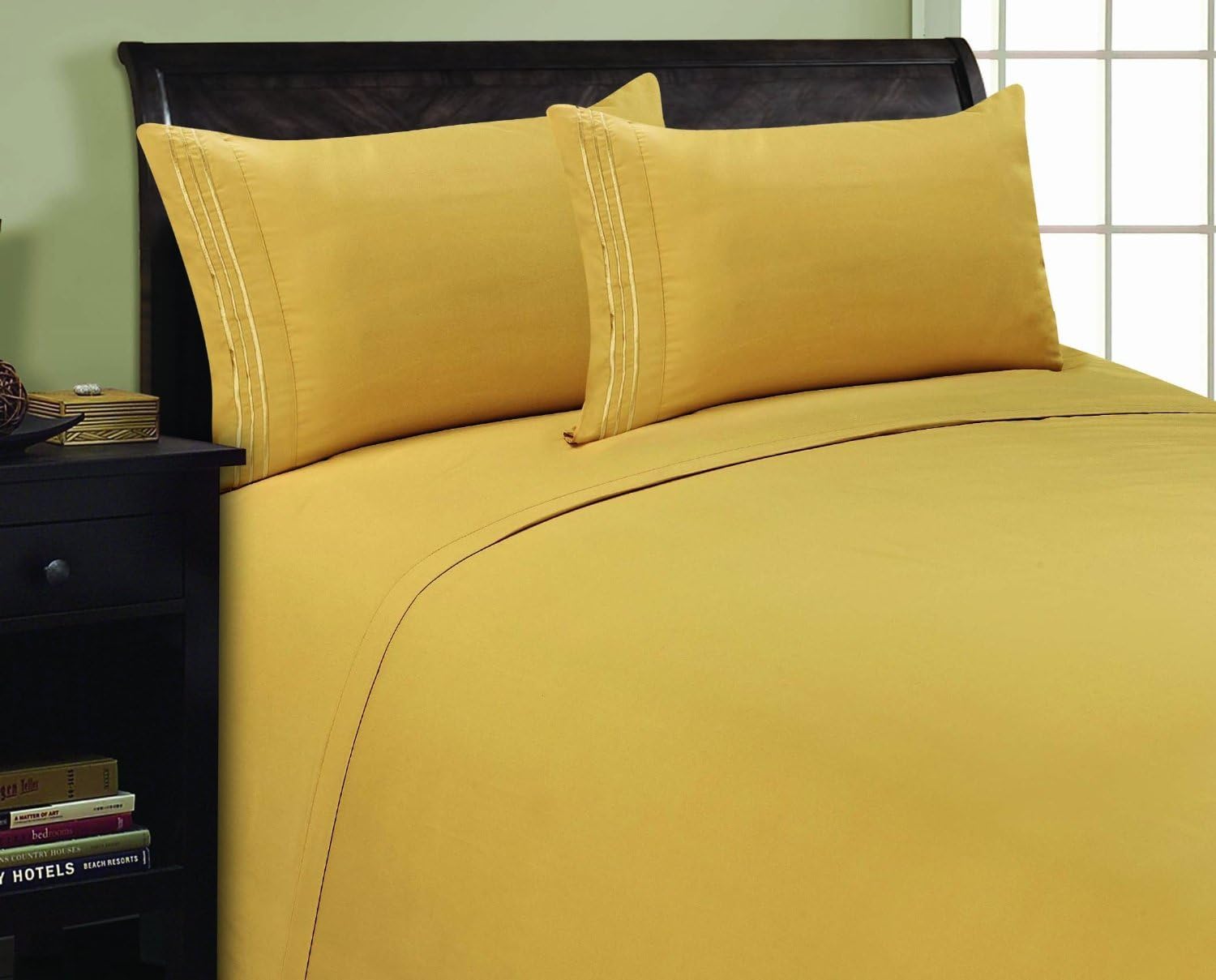 Elegance Linen 1600 Thread Count 3-LINE Egyptian Quality Luxurious Silky Soft WRINKLE & FADE RESISTANT 4 pc Sheet set, Deep Pocket Up to 16" - All Size and Colors, Queen Gold