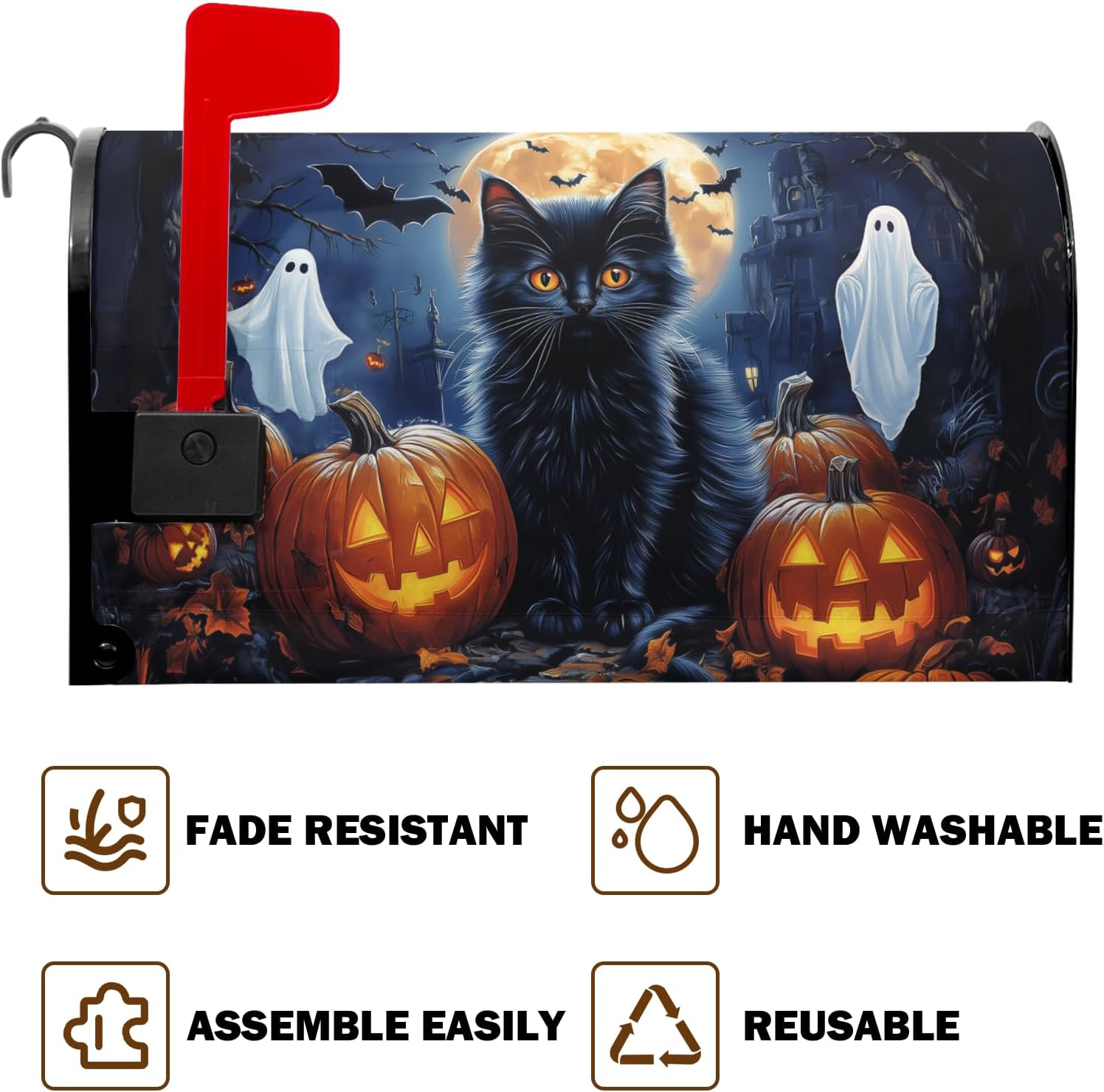 Halloween Night Black Cat Mailbox Covers Pumpkin Maple Leaf Bat Castle Ghost Mailbox Post Cover Letter Box for Garden Standard Size 21x18 in for Yard Home Decor