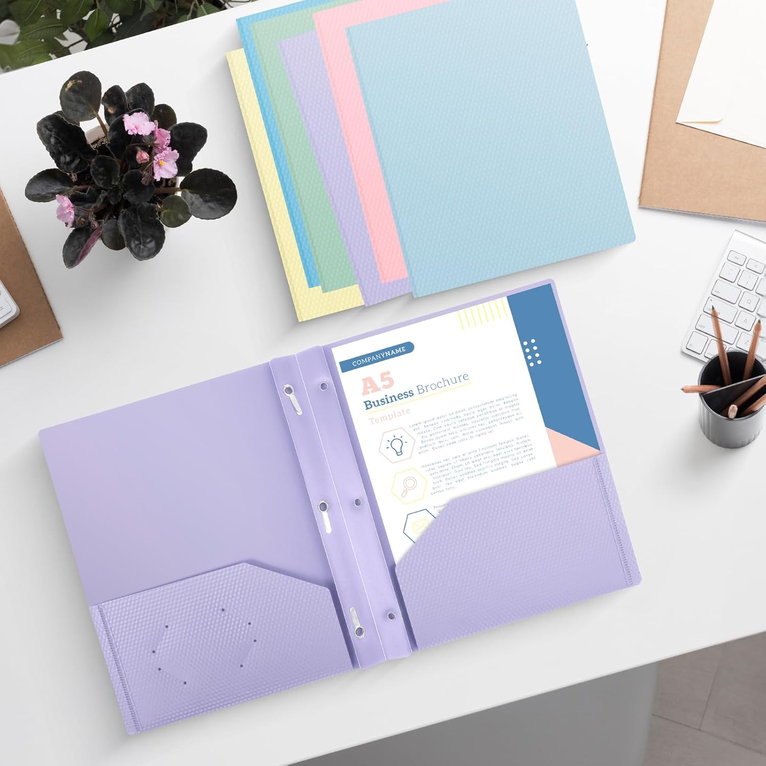 24-Pack Plastic andPockets and Prongs,2-Pocket and3 Fasteners, Pastel Folders Holds 8-1/2" x 11" Paper for School/Office/Home, Purple