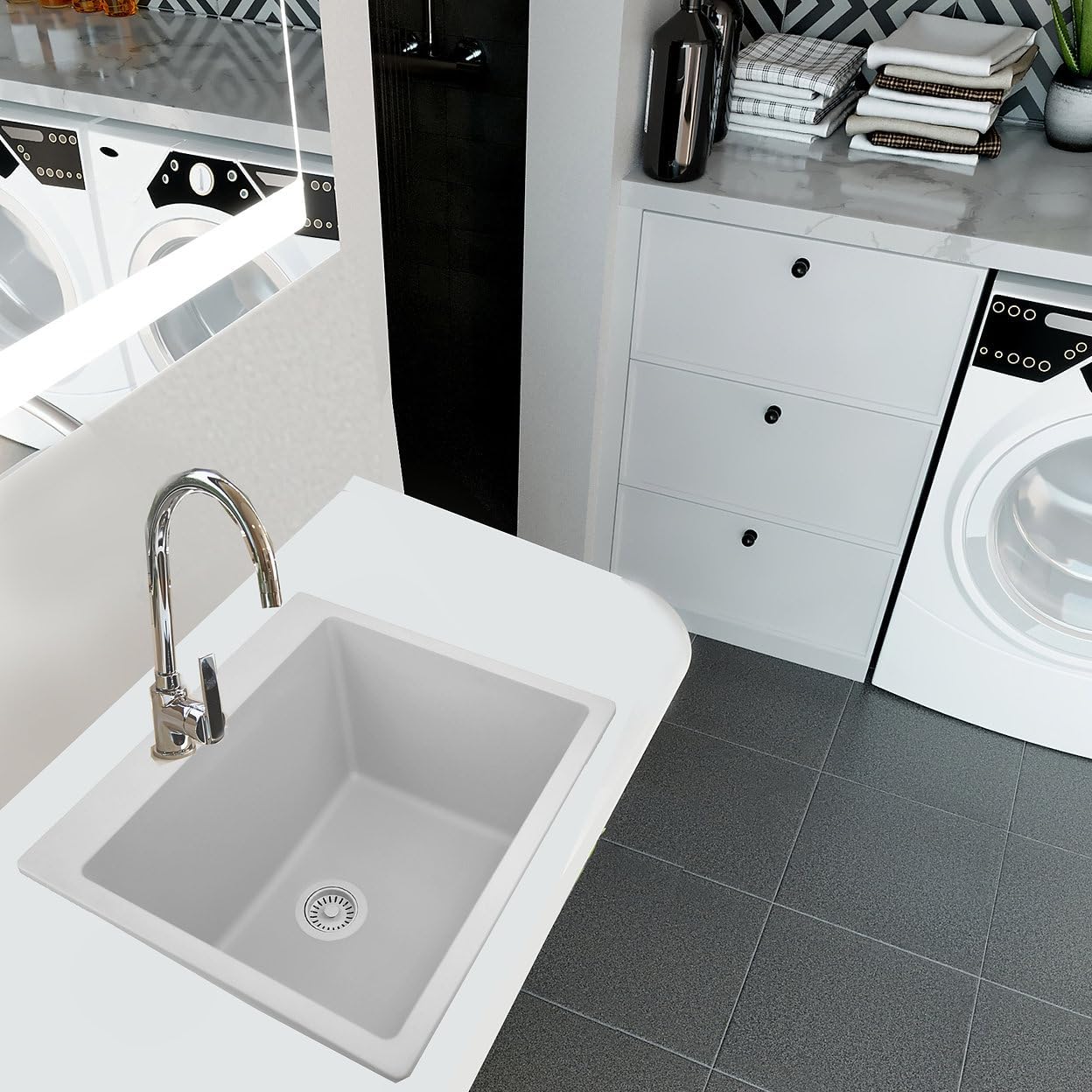 Nantucket Sinks Drop In Utility Sink – 25" Granite Composite Undermount Laundry Sink, Dual Mount, Rectangular Single Bowl, Matte White, Made in Europe – Sturdy, Scratch Resistant – PR2522-DM-W