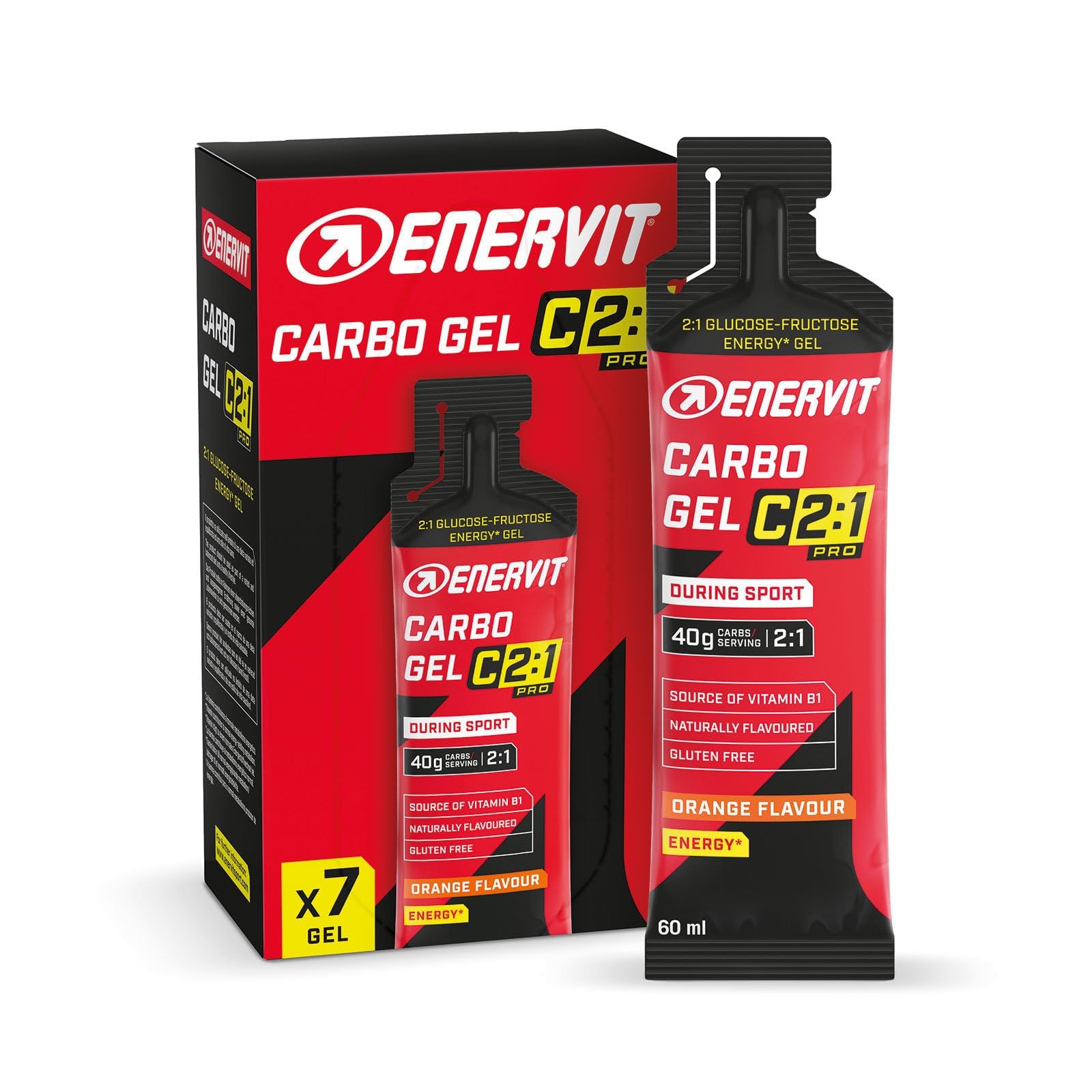Enervit Orange Carbo Gel C2:1pro – Energie Gel Mit 40 G Kohlenhydraten Und 50% Schneller Absorbierten Kohlenhydraten, Ngeschmack, Vegan, Glutenfrei, Leichtverdaulich, 7 Packungen À 60 Ml