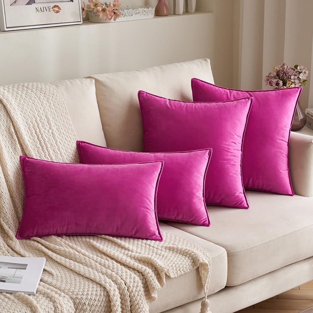 MIULEE Hot Pink Velvet Throw Pillow Covers 16x16 Soft Decorative Solid Square Cushion Cases Pack of 2 Modern Luxury Home Decor for Couch, Sofa, Bedroom