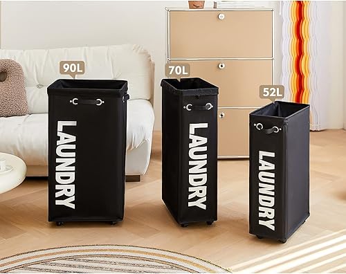 Miniatura 8 de DOKEHOM Cesta de lavandería delgada ampliada de 29 pulgadas con bolsa de lavado extraíble sobre ruedas, cesta rodante plegable para ropa sucia,