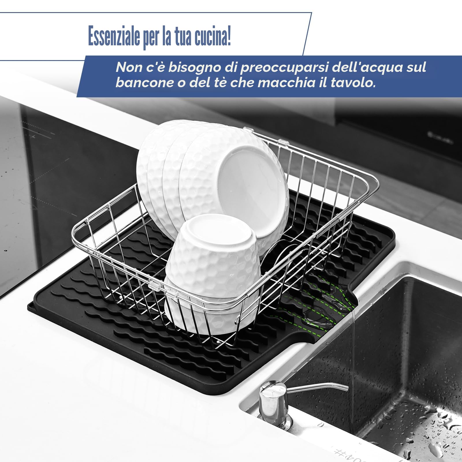 KitchenRaku Tappetino scolapiatti 40 x 33 cm, per stoviglie con superficie inclinata e scarico per un drenaggio ottimale dell'acqua (Nero)