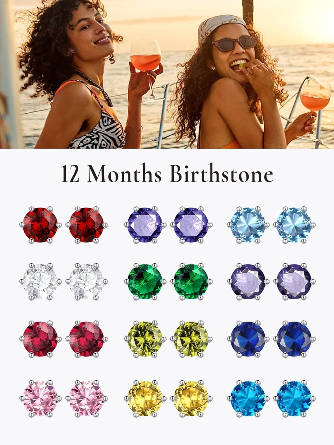 SILVERCUTE 925 Sterling Silver 2ct Birthstone Stud Earrings,Hypoallergenic Round/Heart/Square Birthstone Earrings for Women Birthday Christmas Jewelry