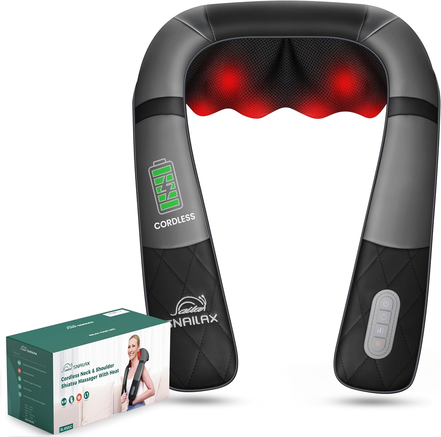 Snailax Rechargeable Neck Massager with Heat, Shiatsu Back and Neck Massager, Cordless Portable Deep Kneading Shoulder Massage Pillow, Gifts for Dad Mom