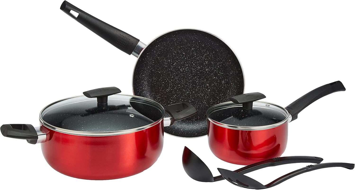 BERGNER SHINE 7PCS COOKWARE SET, PRESSED ALUMINUM COOKING SET, MARBLE+ NON-STICK COATING COOKWARE, INDUCTION BOTTOM COOKING POT SET, SUITABLE FOR ALL STOVES, RED COLOUR, BG34660RD
