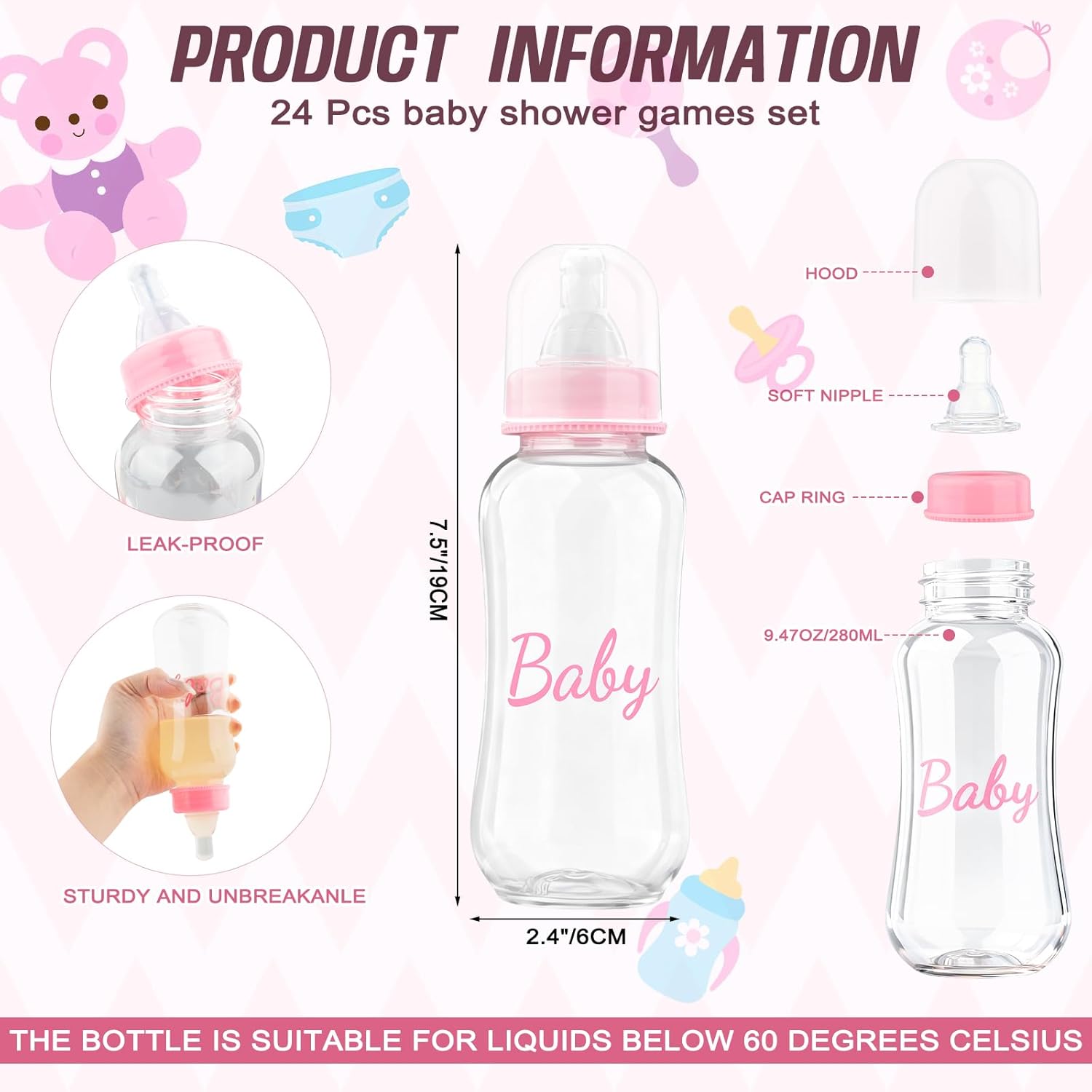 24 Pcs Baby Bottle Chug for Baby Shower Game, Juegos Para Baby Shower Bottle for Adult Gender Reveal Party Supplies, Include 6 Pcs Plastic Chug Bottles, 6 Pcs Bibs and 12 Pcs Eye Masks