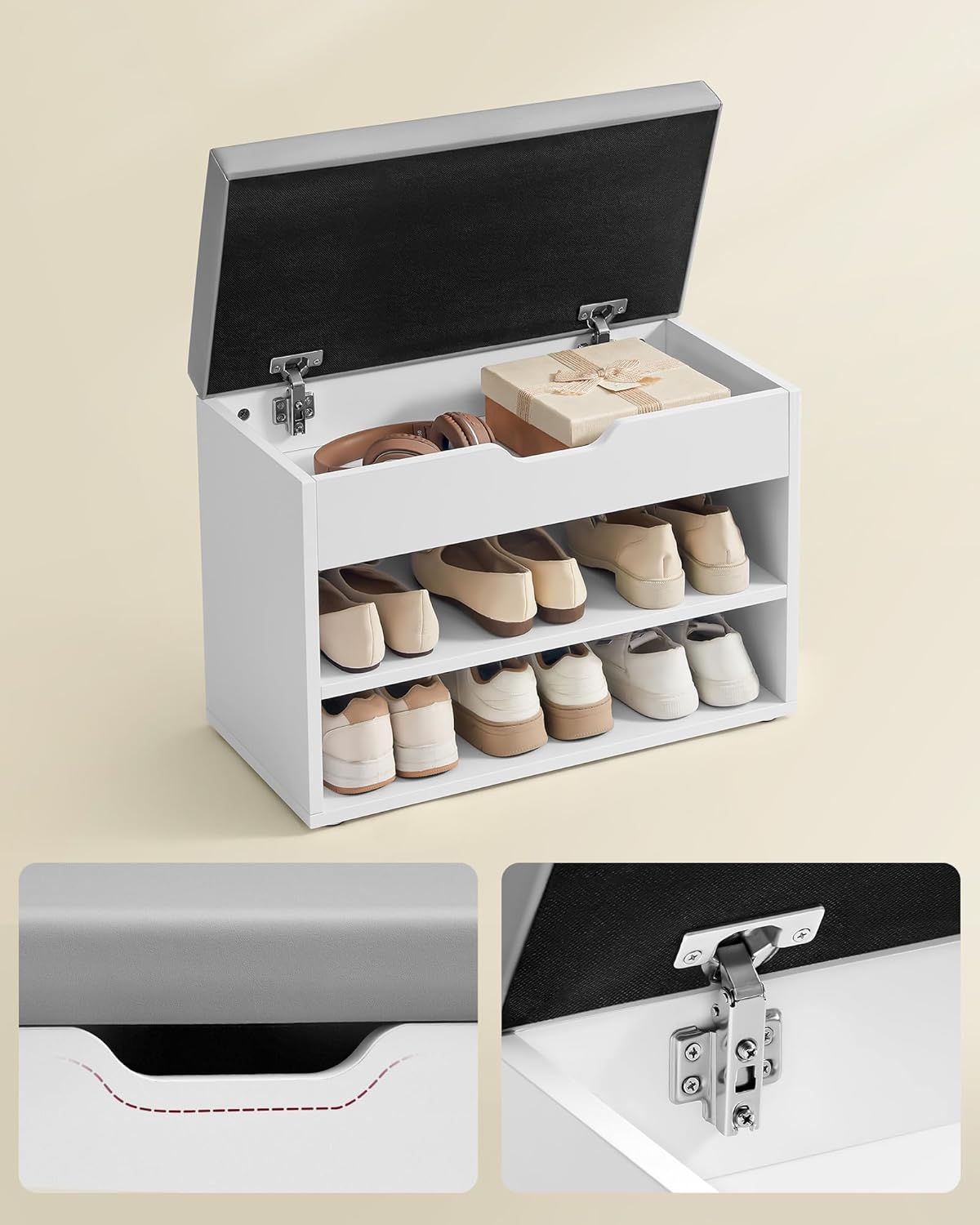 The VASAGLE shoe bench with its top compartment open, revealing storage space and sturdy hinges.