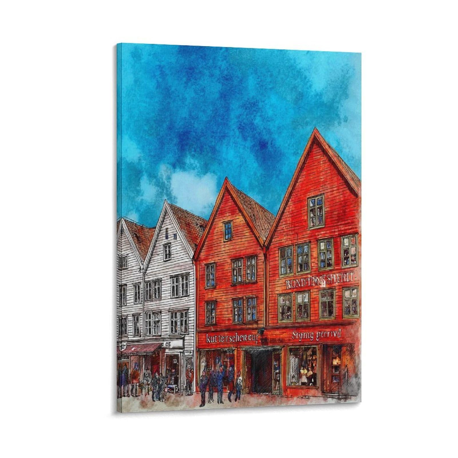Lcynnh Frame-Style Bergen Norway 16X24inch(40X60cm) Vintage Travel Poster Watercolor Canvas Art
