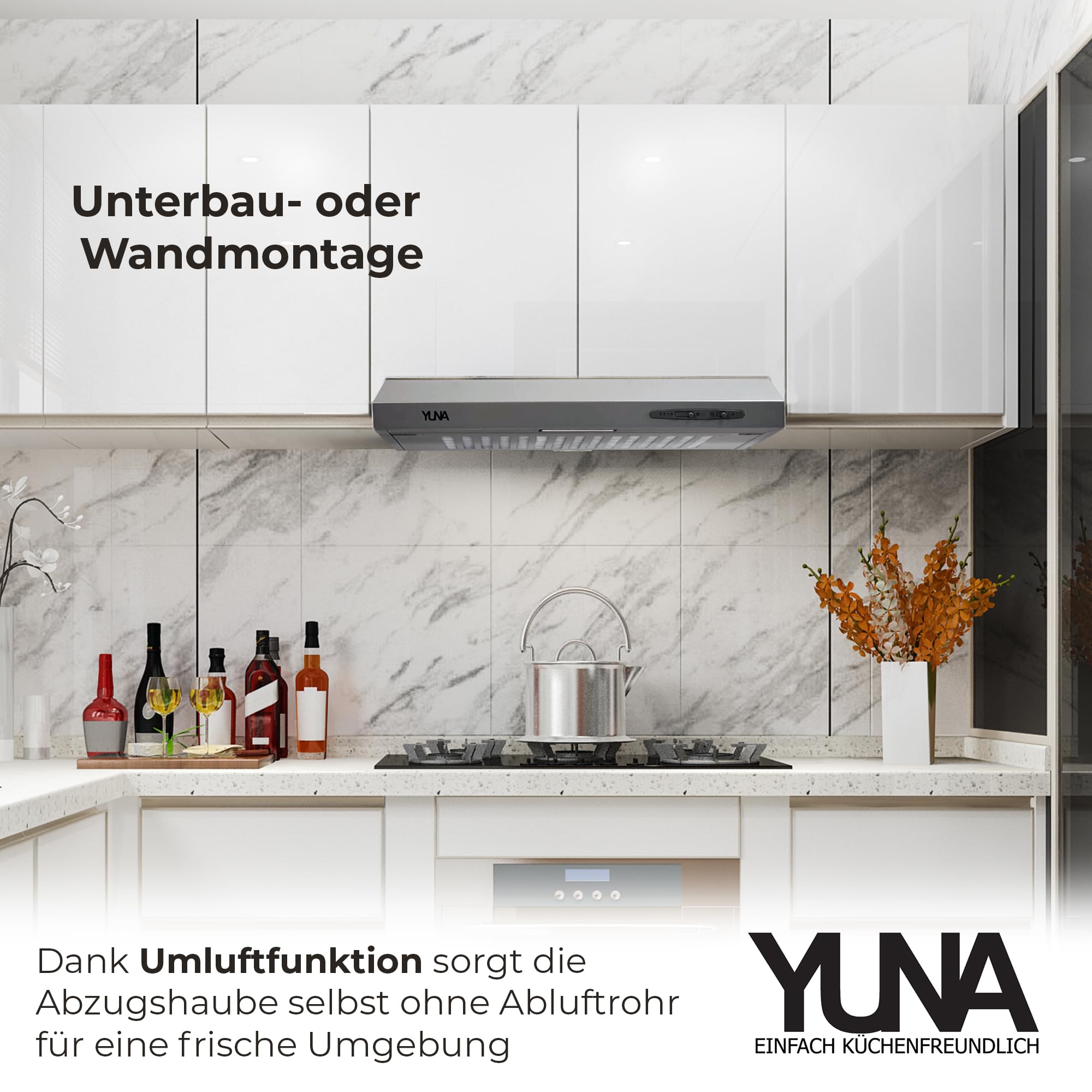 YUNA Dunstabzugshaube Milena KUBH 60210 Unterbauhaube Abluft Umluft 210m³/h LED