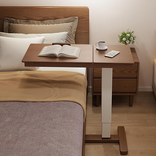 Mesita de noche de madera maciza con ruedas, mesa de cama de hospital ajustable sobre la cama, escritorio rodante para computadora portátil,