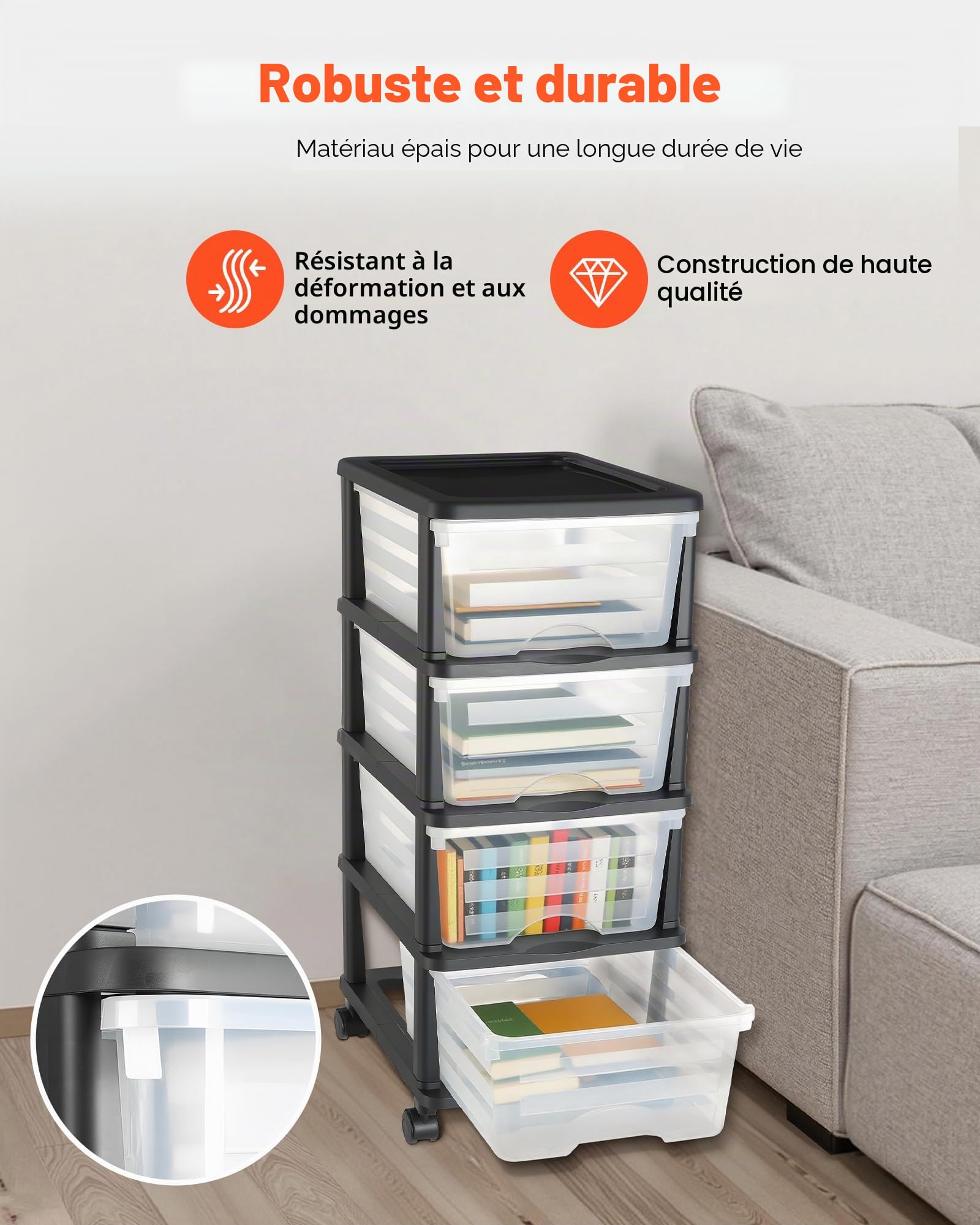 VEVOR Chariot de rangement à 4 tiroirs en plastique, tour de rangement à roulettes, organiseur mobile à 4 niveaux, bac transparent pour fournitures de bureau, salles de bricolage et salles de classe