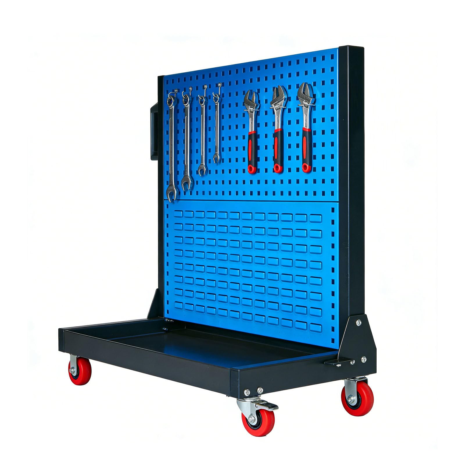 YXYLJOZ Heavy Duty Garage Tool Storage Rack, 20kg/Shelf Capacity, Adjustable 3-Tier Shelving Unit with Locking Casters & Steel Pegboard for Workshop Organization (2Tier)