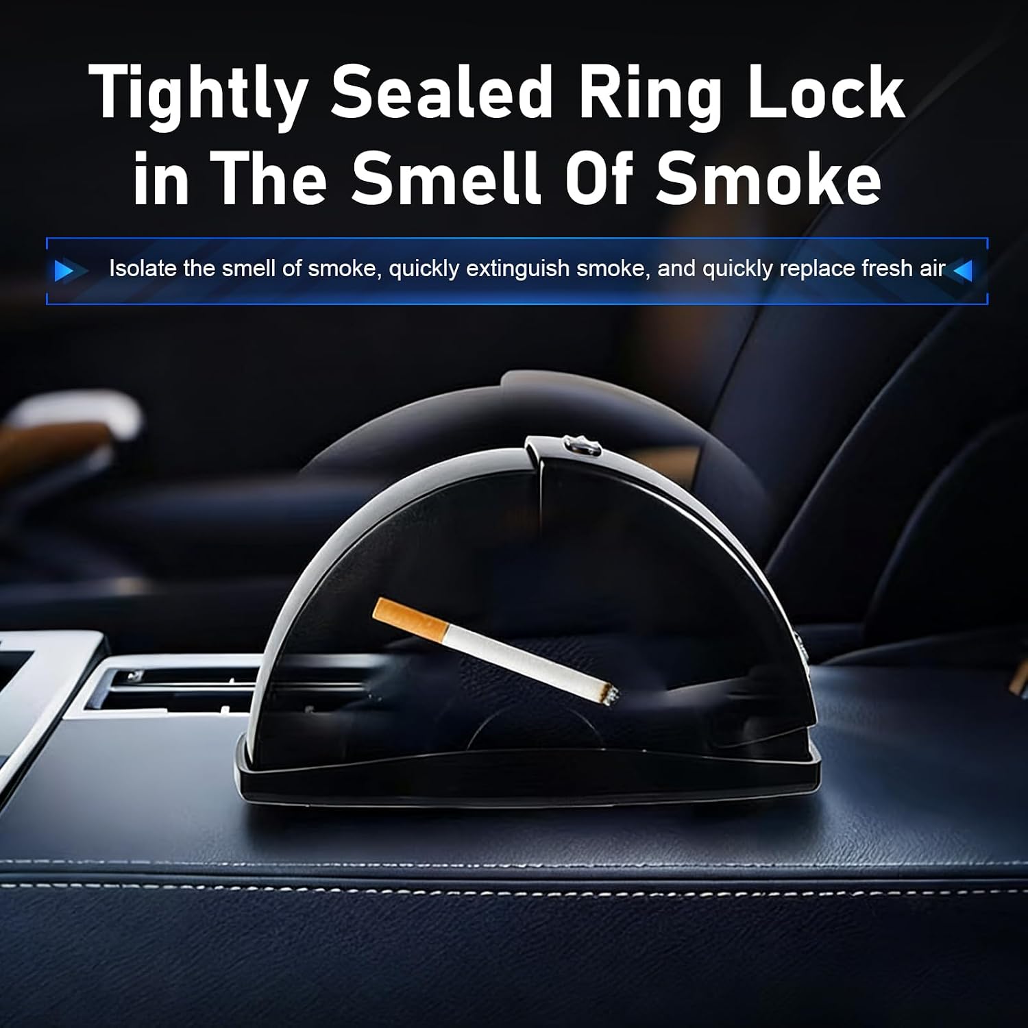 Car Ashtray with Lid, Side-slide Opening Stainless Steel Inner Container, Detachable Seal Smokeless Cigarette Ash Tray, Self-adhesive Portable Accessory for Car Door & Dash (Black)