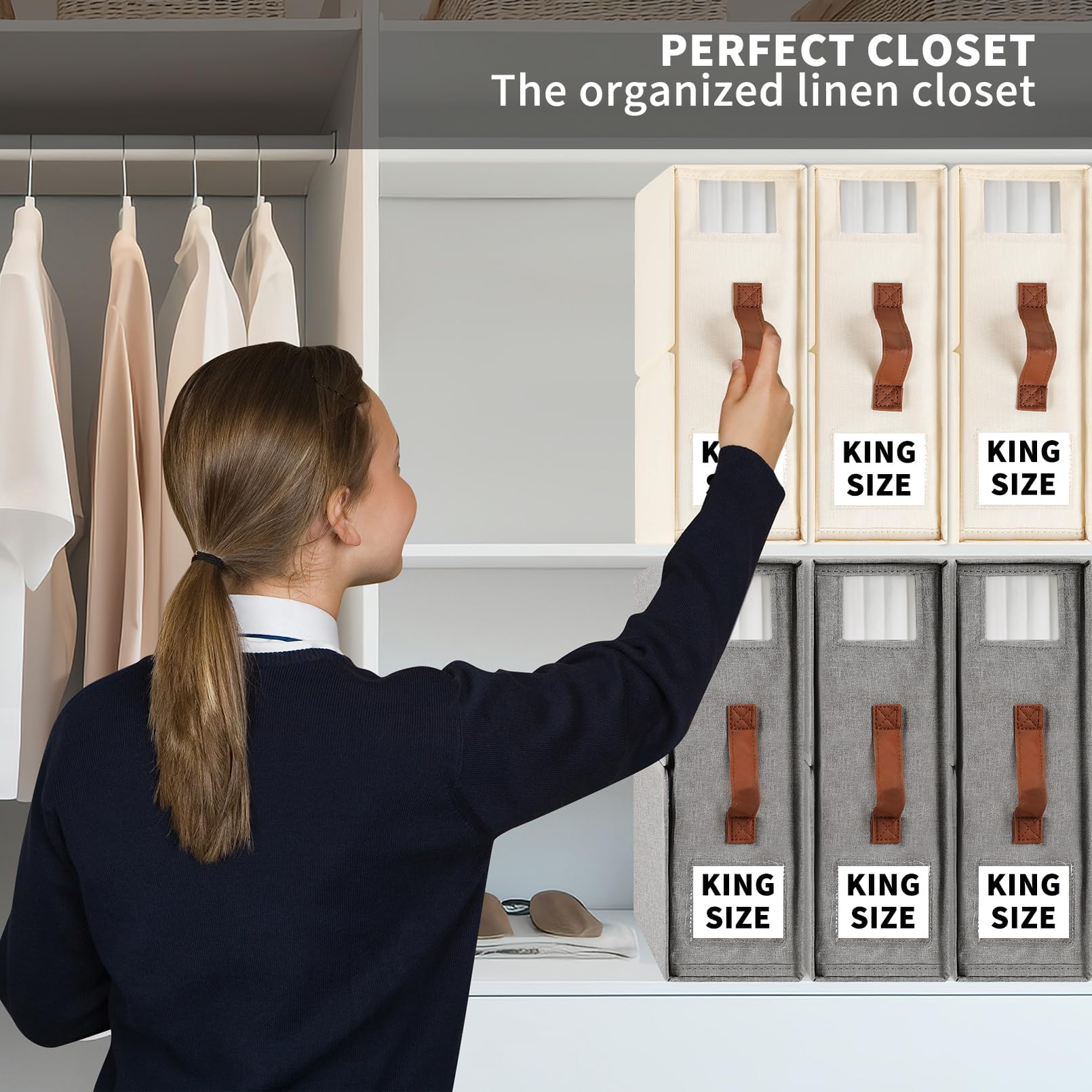 BettMorrow 4 Pack Foldable Bed Sheets Set Organizers and Storage(King & Queen Size), Linen Closet Organizers with Clear Window & Label, Flavenly Bedding Storage Box,Under bed Storage (Beige)