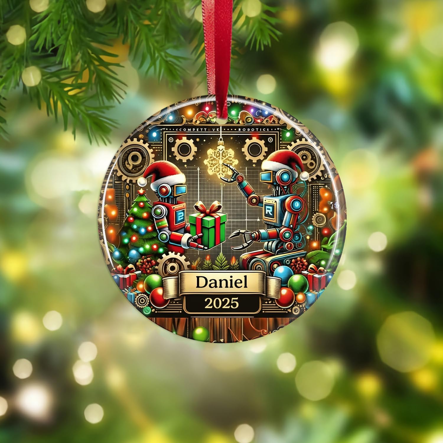 Personalized Robotics Christmas Ornament, Robot Ornaments for Xmas Tree Hanging Decor, Stem Robots Gears Keepsake Custom STEM Gift for Science Robot Lover Scientists Engineers Lab Techs Engineer M1