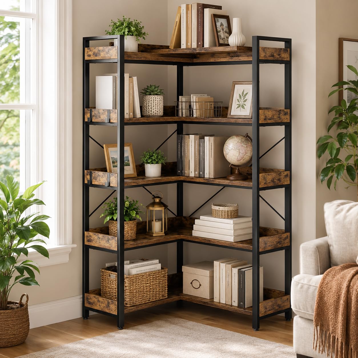 GarveeTech 5-Tier L-Shaped Industrial Office Bookshelf - Rustic Wood & Metal Corner Bookcase with Hooks, Open Display Shelves, Freestanding Sturdy Shelving Unit for Living Room, Bedroom, Library,
