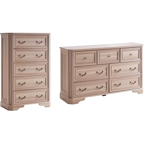 Farmhouse Bedroom Set of 2, 54" Wide 7 Drawers Dresser, 48" Tall 5 Drawers Dresser for Closet, Natural Wood Grain & Vintage Handles, Bedroom Furniture Sets for Bedroom, Grey Walnut