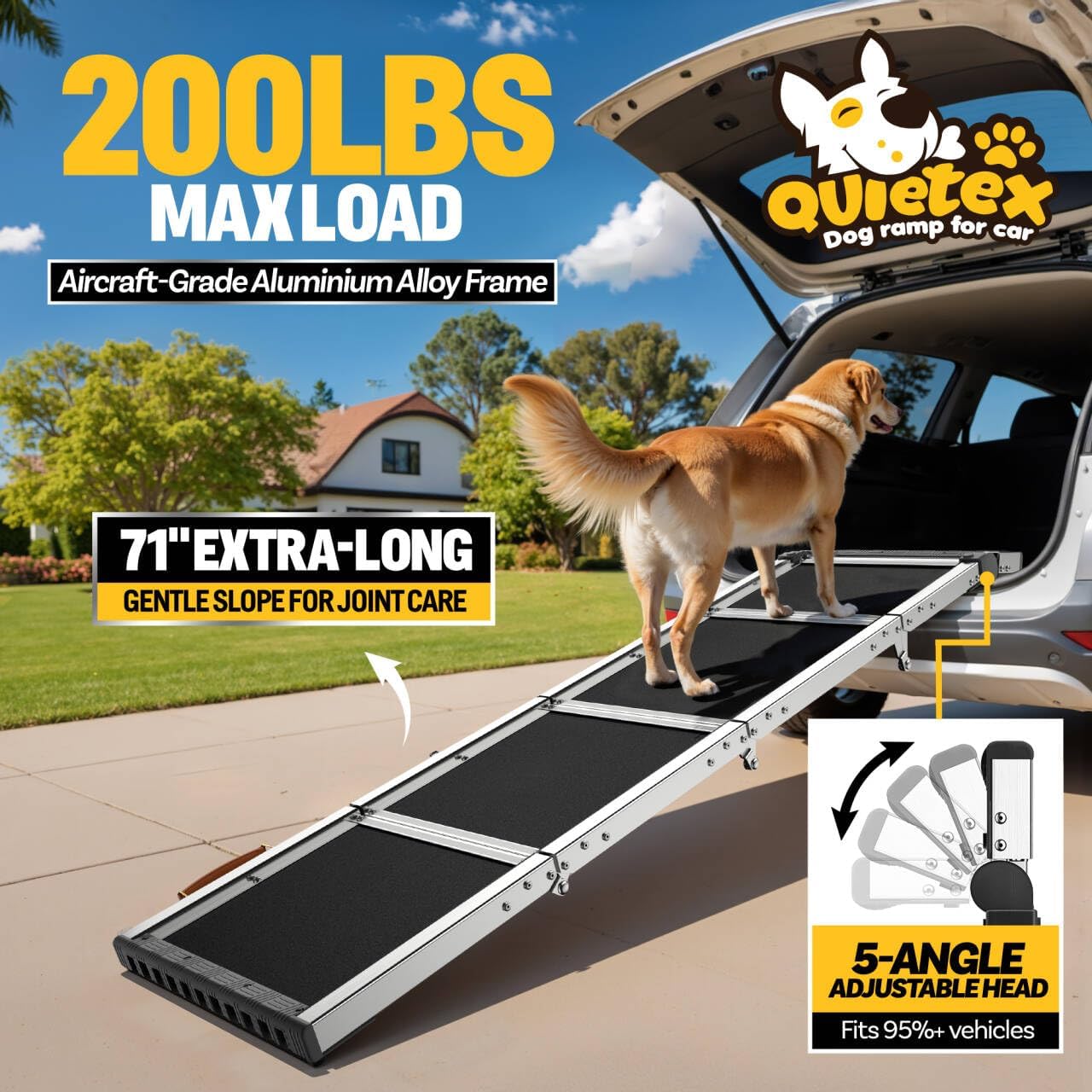 Extra Long 71”Dog Ramp for Car with Adjustable Head, Folding Pet Ramp for Large Dogs with Non-Slip Surface Dog Ramps Up to 200 lb for Car SUV Truck