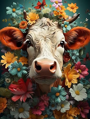 Kaliosy Kits de pintura de diamantes 5D para adultos, flores de vaca por números, pintura con diamantes, arte de animales, taladro completo,