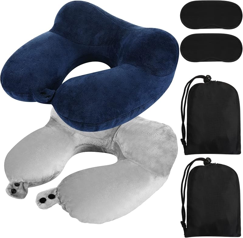 2 Inflatable Neck Pillow Airplane Travel, Light Gray and Dark Blue | Travel Support for Flights with Sleep Mask and Pouch, Lightweight for Airplane Train Car Office, Easy Inflate Deflate