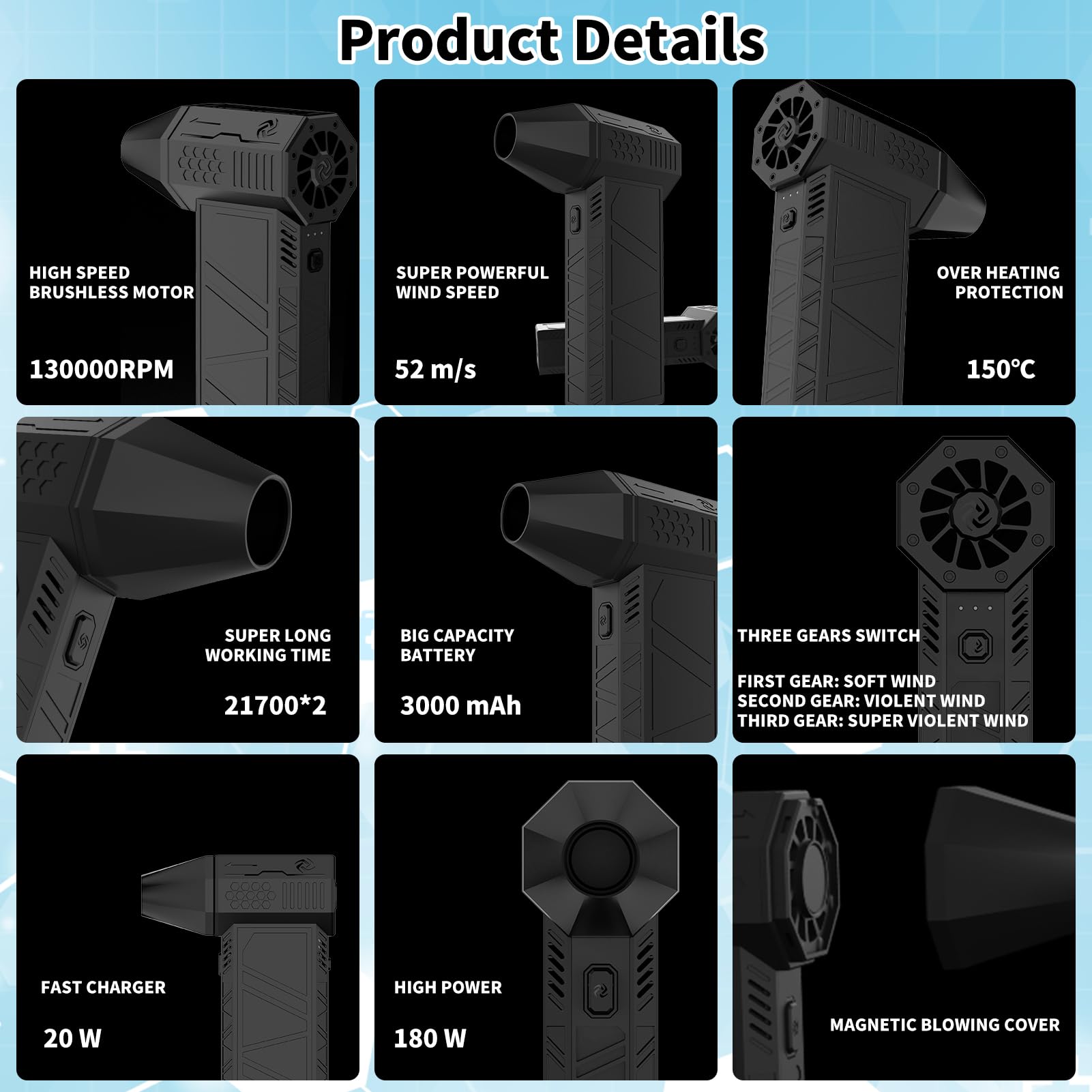 X3 Turbo Fan, Mini Ventilateur Turbo Puissant Ventilateur 130 000 tr/min pour Caméra de Clavier PC Noir (Version Z/3 Vitesses)