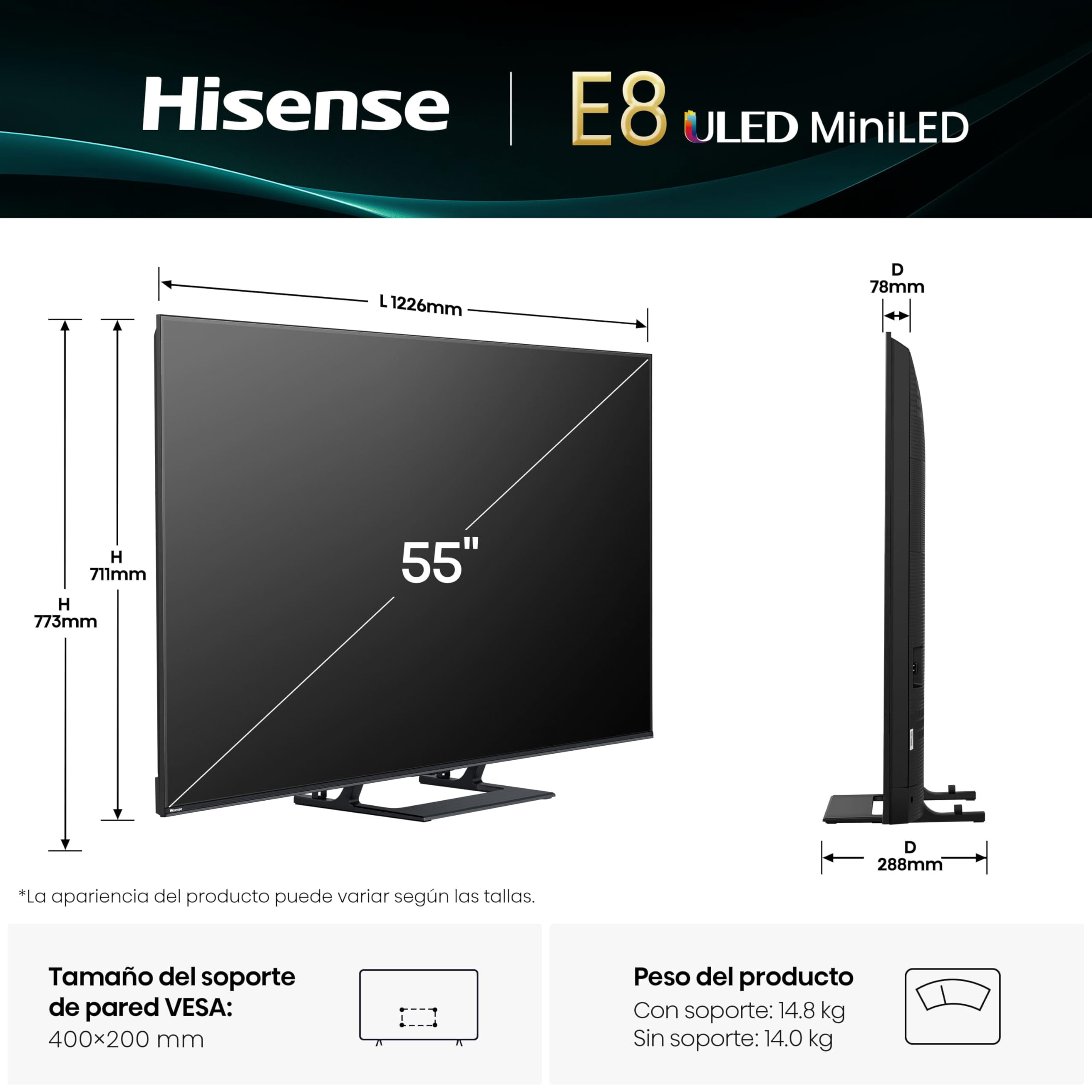 Hisense 55E8Q - Mini LED Smart TV, Quantum Dot, 144Hz, Subwoofer Integrado, Dolby Vision IQ & Dolby Atmos, Full Array Local Dimming, Procesador Hi-View Engine