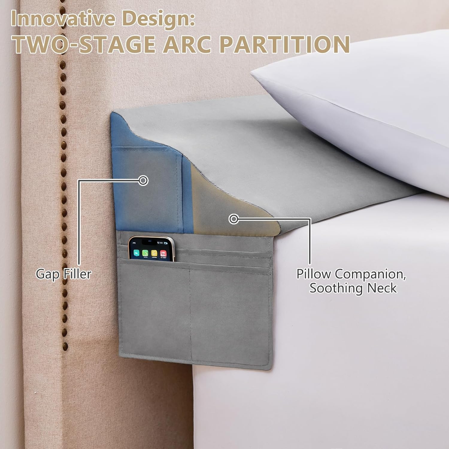 bed wedge pillow for headboard gap filler queen(60"x6"x10")-triangle pillow wedge for bed, mattress wedge gap filler for headboards, soft washable cover, neck back support&sleeping pillow wedge, gray grey queen-60"×6"×10"