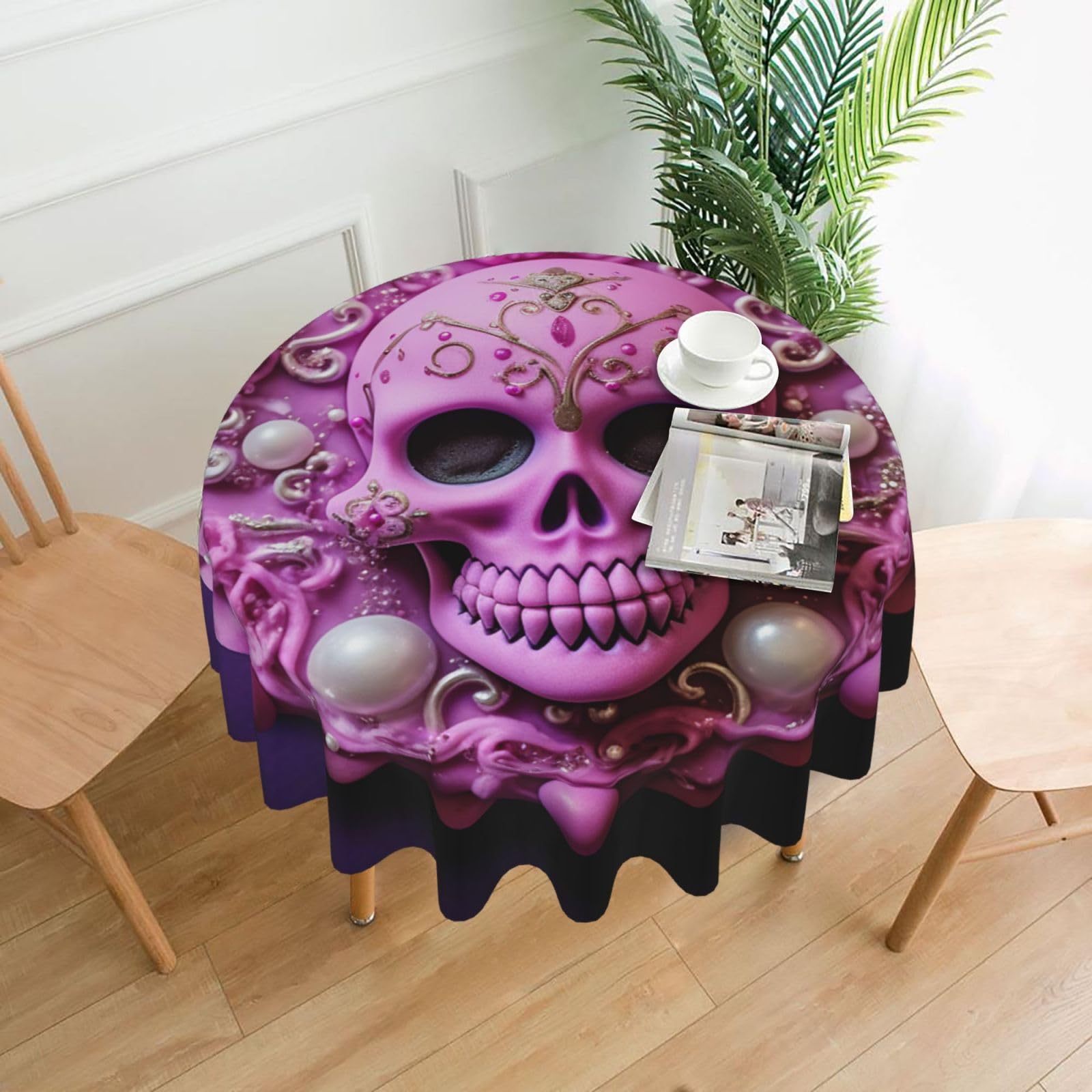 QMKFWT Pink Skull Printed Round Tablecloth,Dust-Proof Wrinkle Resistant Table Cover Washable Polyester Table Cloth for Kitchen Dining Room Farmhouse Picnic Indoor Outdoor(Round 60 Inch)