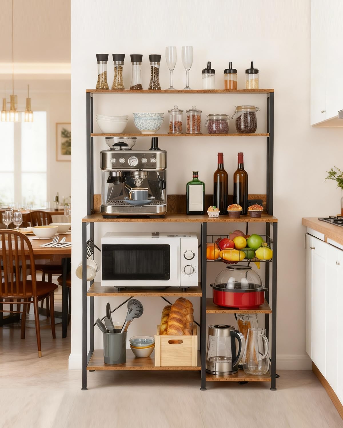 Garvee Kitchen Bakers Rack with Power Outlet, 35 * 60inch Microwave Oven Stand with Storage 4 Tiers, Coffee Bar Table with 5 S Hooks, Kitchen Storage Shelf Rack for Spices, Pots, Rustic Brown