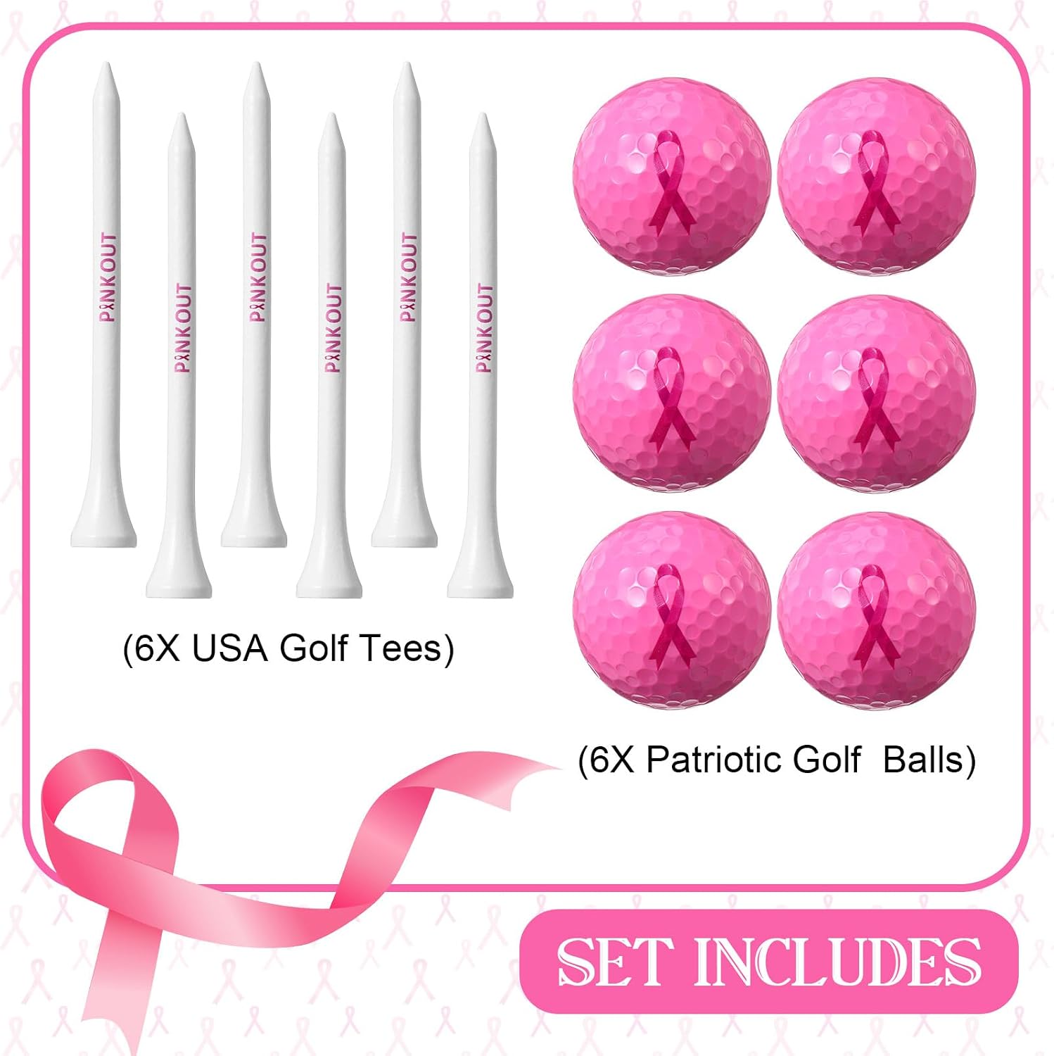 Seematn 6 Pcs Pink Out Golf Balls and 6 Golf Tees with Pink Ribbon Scarf 3-1/4 Inch Breast Cancer Awareness Gift Set for Women Golfers Charity Event Fundraiser Sports Outdoor Practice