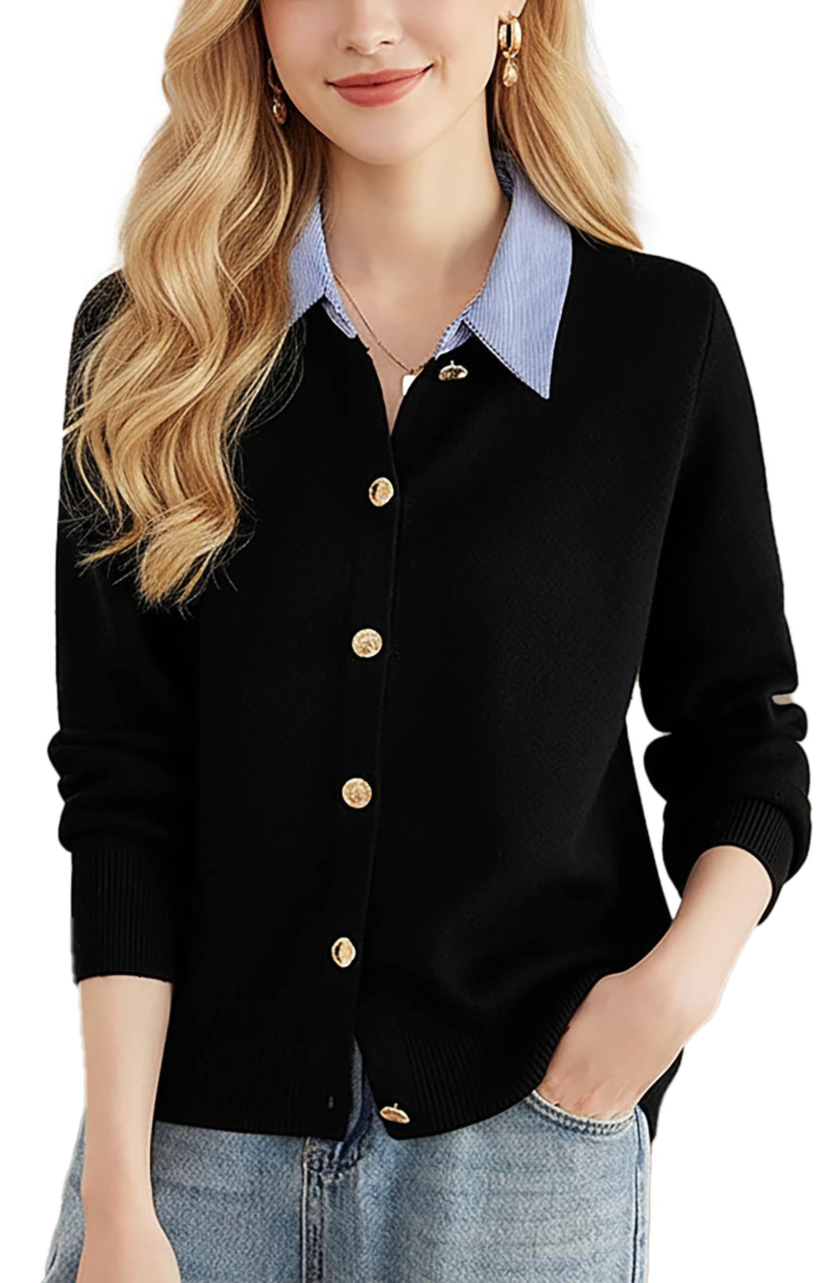 LAI MENG FIVE CATS Womens Long Sleeve Sweater Color Block Collar Ribbed Knit Cardigan Button Tops