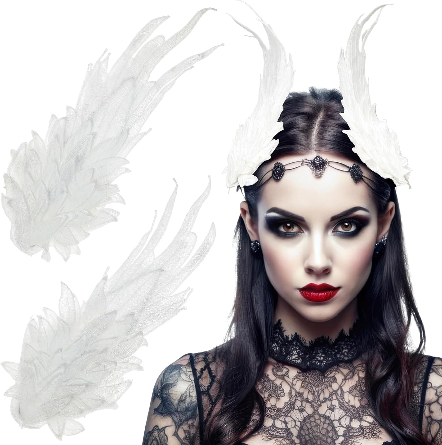 Feather Hair Clips Double Layer Embroidered Angel Wing Hairpin Lolita Barrette Hair Accessories for Women Halloween Party Bride Wedding Headwear (White)