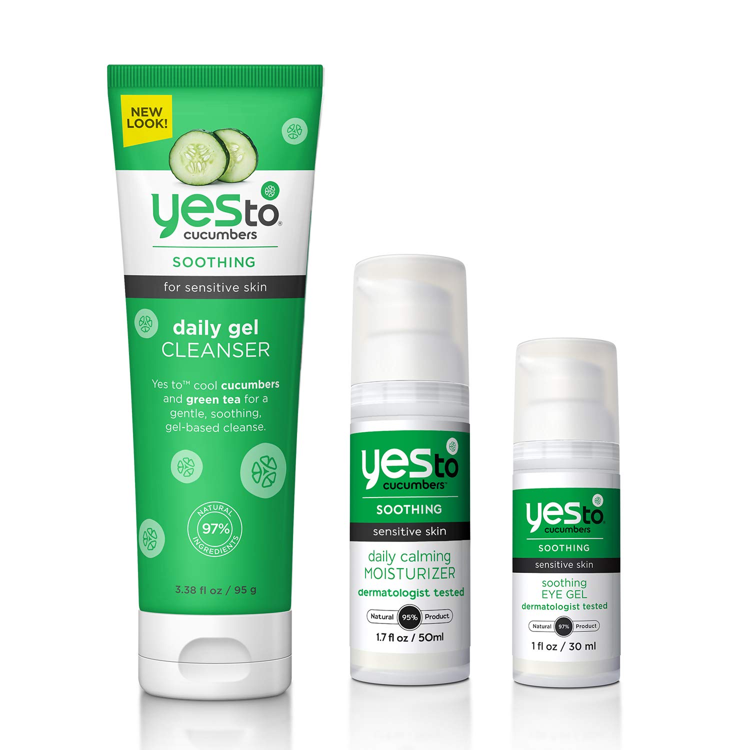 Yes To Cucumbers Face Kit For Sensitive Skin Including Soothing Eye Gel 1 Fl Oz, Gel Cleanser 3.38 Fl Oz and Daily Calming Moisturizer 1.7 Fl Oz