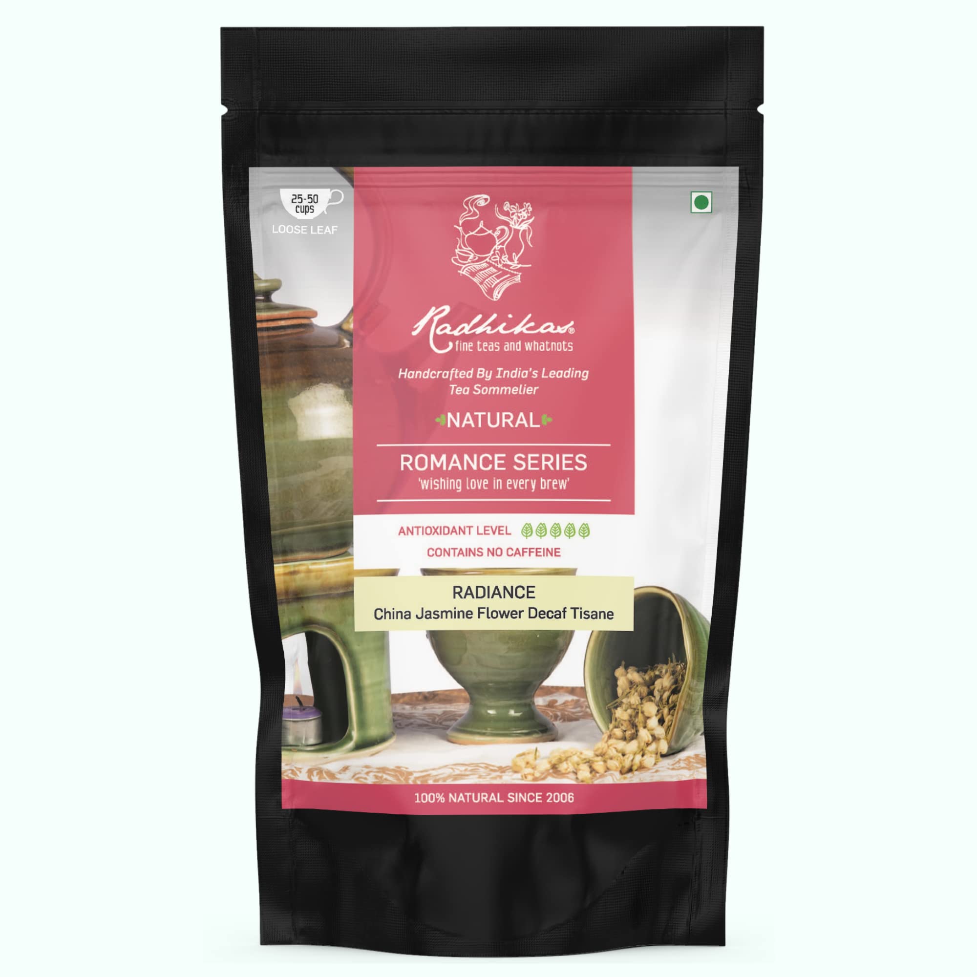 Radhikas Fine Teas and Whatnots RADIANCE China Jasmine Flower Decaf Tisane Jasmine Jasmine Tea Pouch, 50 gm - Makes 25 Cups of Tea