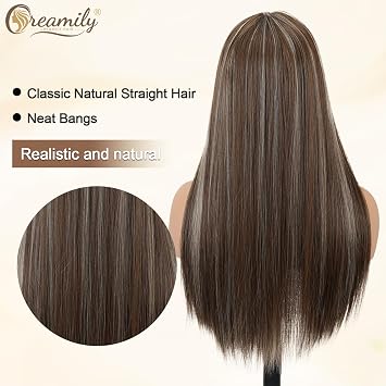Creamily Long Brown Straight Wig with Bangs Ombre Brown Wig with Blonde Highlights 23'' Long Natrual Synthetic Hair for Women Party Daily Use