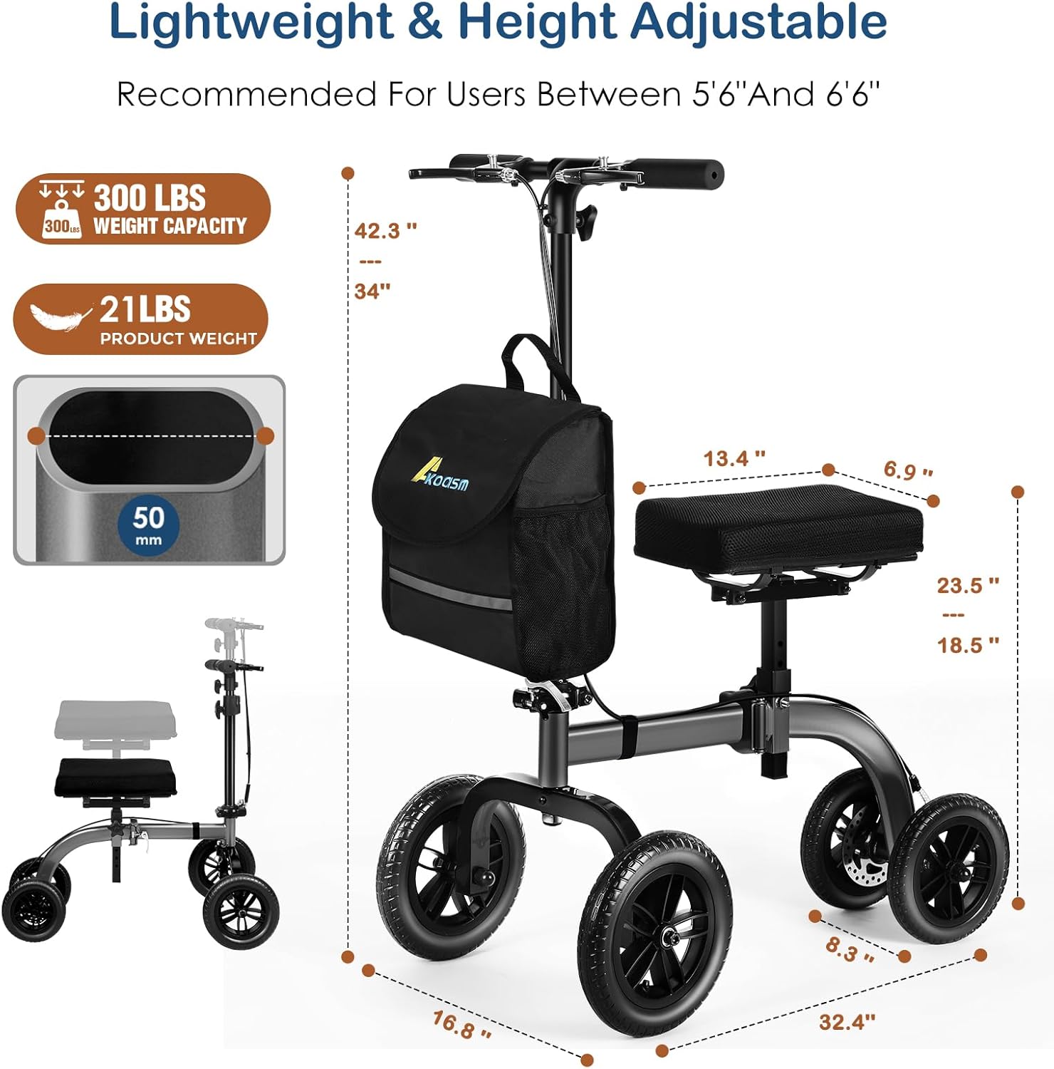 Collapsible All Terrain Knee Scooter for Adults for Foot Surgery, Adjustable Knee Walker Cart Scooters with Basket, Clearance Knee Crutchs Alternative for Broken Leg Ankle Injuries, Dual Brakes, Grey
