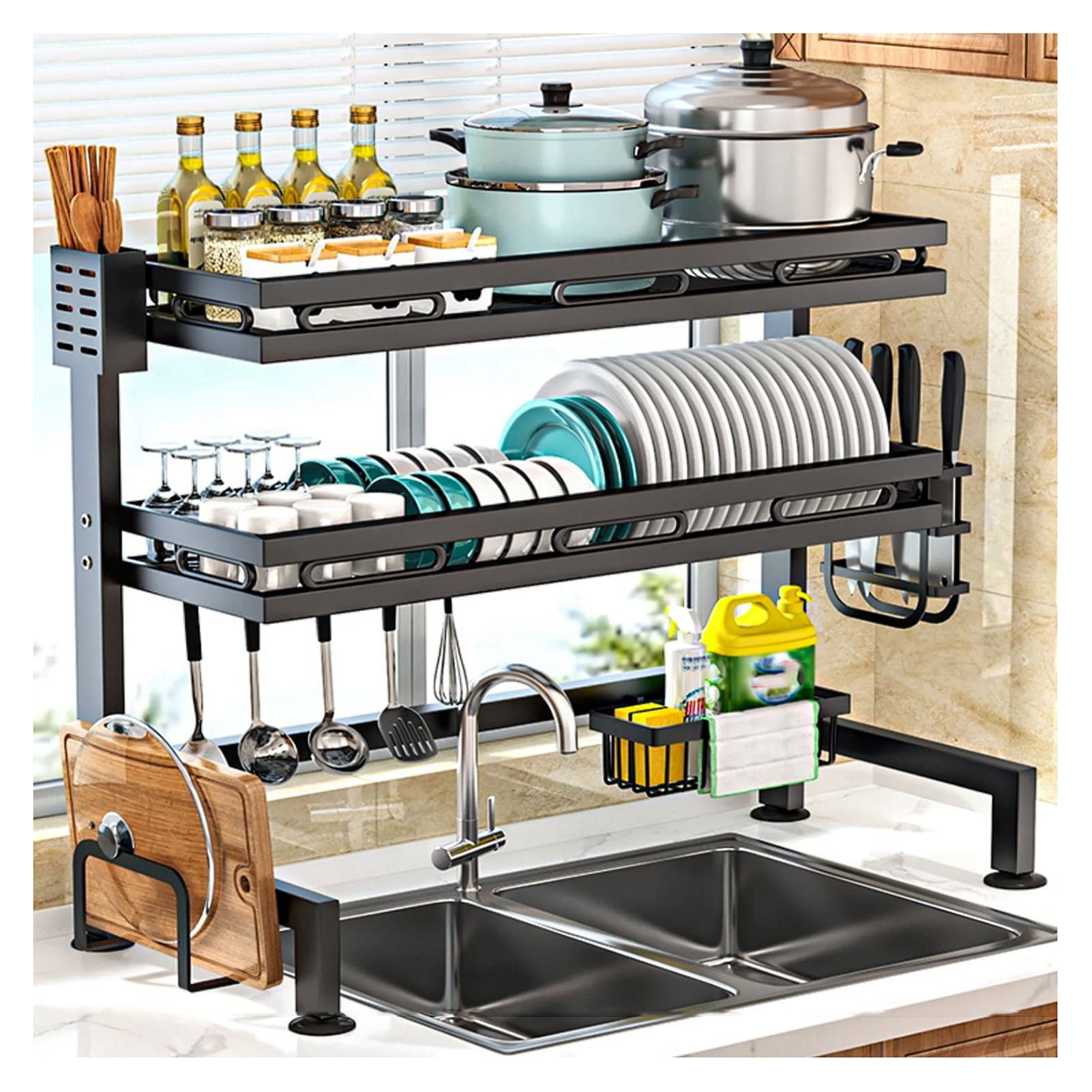 Bowl and Dish Drying Rack Above Sink, Double-Layer Bowl and Dish Rack, with Cutlery Rack and Dish Drain for Kitchen Counter (Black 75x28x82cm)