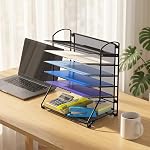 Simple Houseware 6-Tier Desk Organizer & Sliding Paper Tray - Space-Saving Desktop File Holder for Letter & Document Sorting, Black