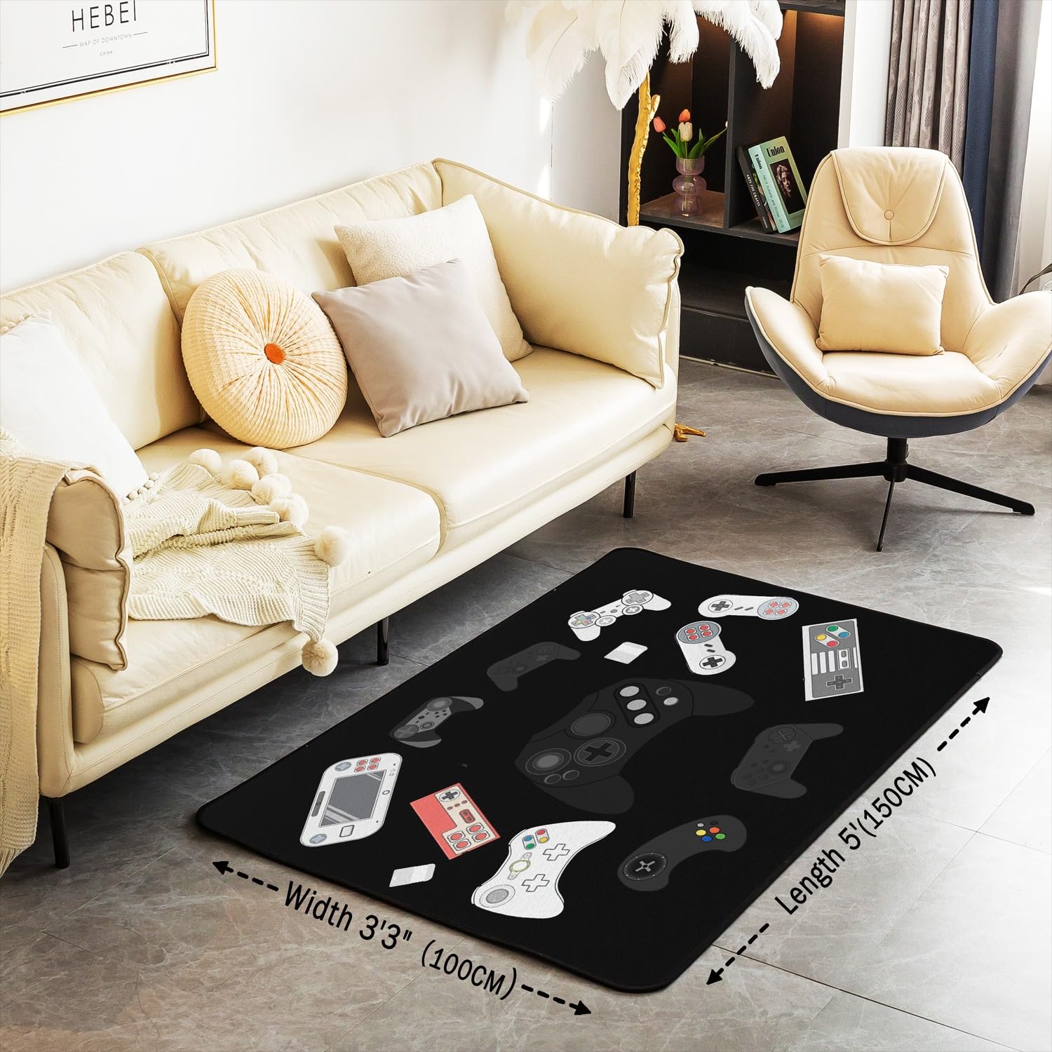 Loussiesd Dywan do gier, gamepad dekoracyjny dywan dla gracza, dekoracja pokoju gier, nowoczesny kontroler konsoli do gier, czarna, mata podłogowa, 100 x 150 cm