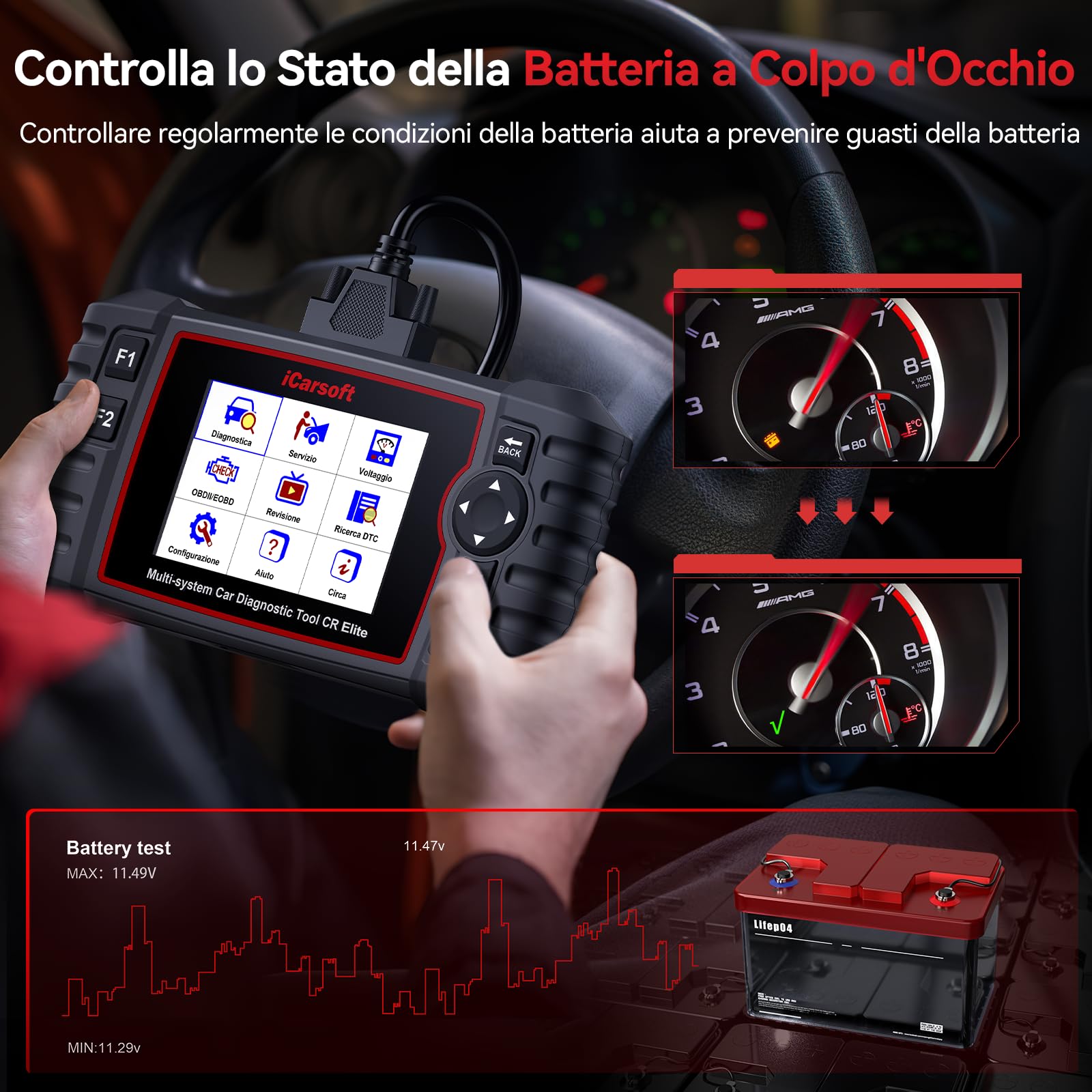 iCarsoft CR Elite OBD2 Auto Diagnostica, Diagnosi Auto Professionale in Italiano, Sistema Motore/ABS/SRS/Trasmissione, 9 Funzioni di Ripristino, Olio/EPB/BMS/ETC/SAS/BLD/INJ/DP-F, Aggiornamento a Vita