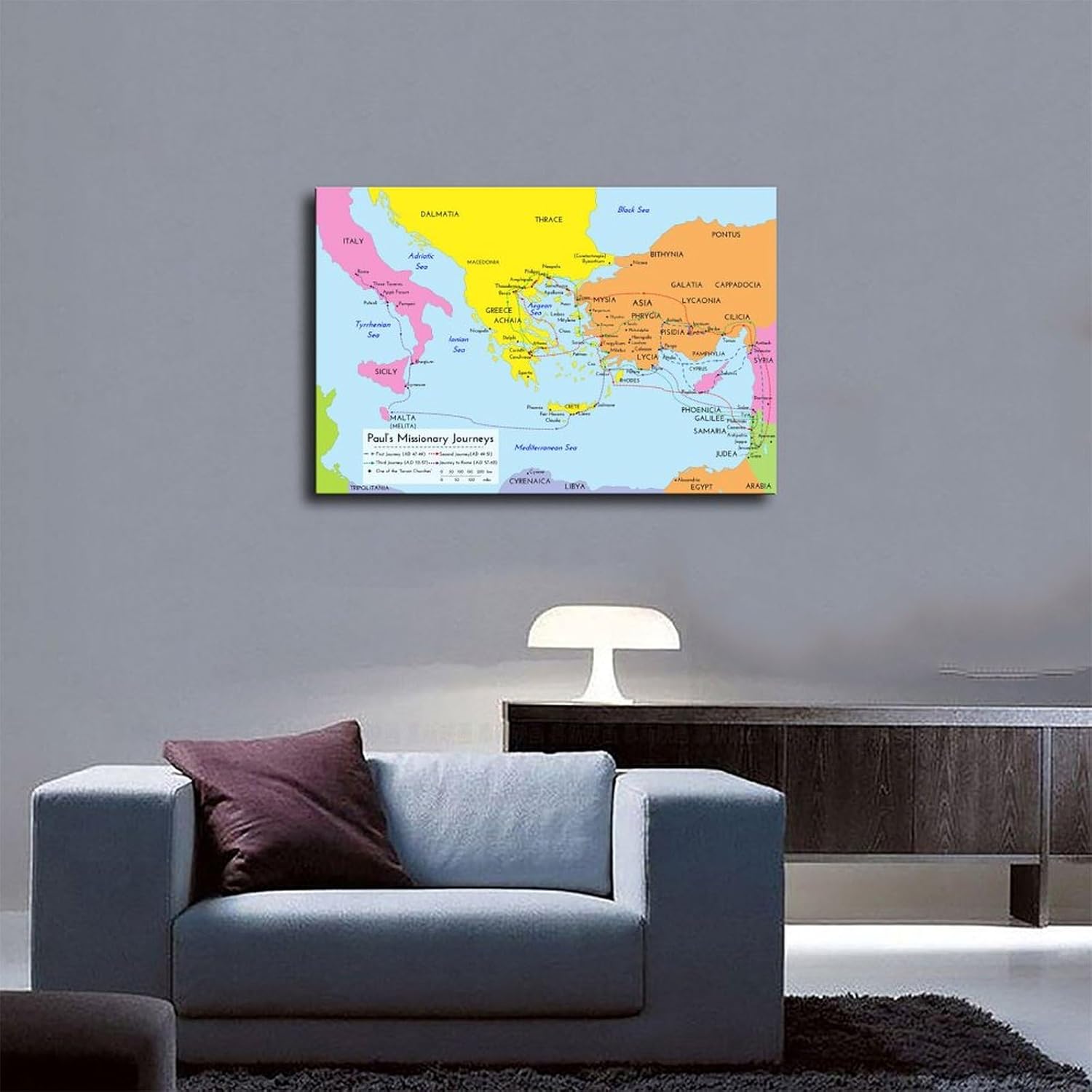 Bible Map Paul’s Missionary Journeys Canvas Poster Print Picture Paintings, Detailed Bible Story Map Poster for Classroom and Religious Home Decors, 24x36inch(60x90cm) Unframed