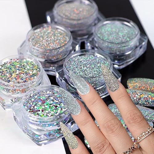 Holographic Nail Glitter Diamond Reflective Nail Powder Glitter Laser Silver Reflective Nail Art Glitter Shiny Pigment Bright Blue Purple Gold Diamond Sequin Design For Women Girls Nail Decorations #TOP6