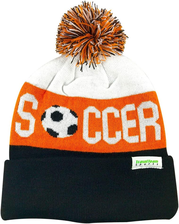 TravelTeamSports Pom Pom Beanies - Knitted Fleece Lined Beanie Hats w/Soccer Logo