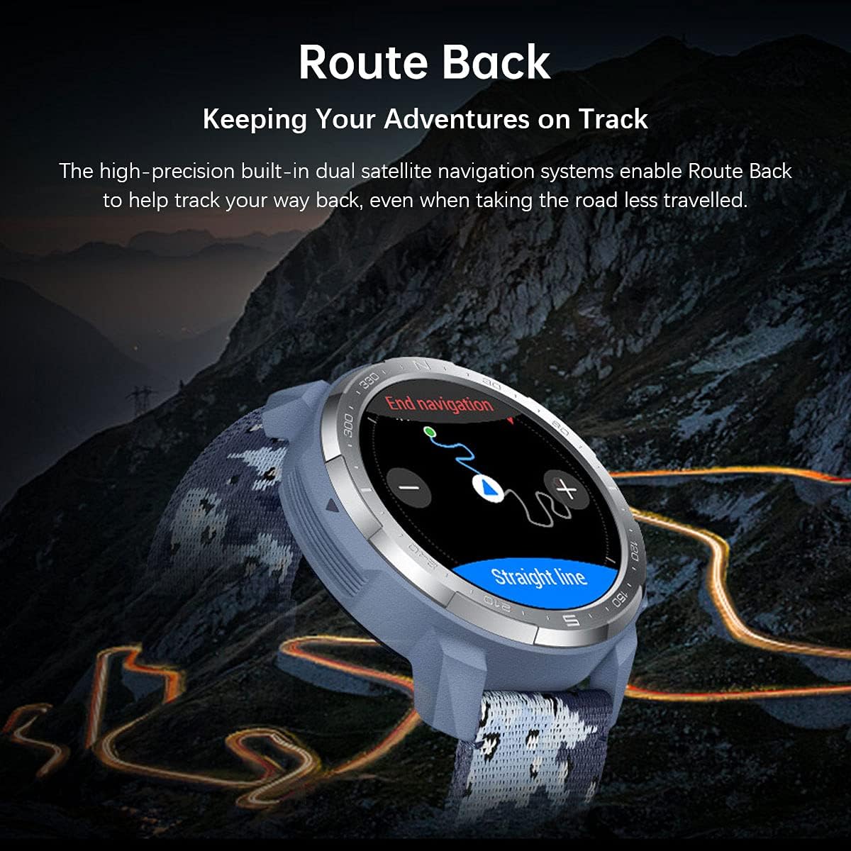 Honor Watch GS Pro displaying a 'Route Back' navigation screen with a map and a straight line path, set against a mountain road background.