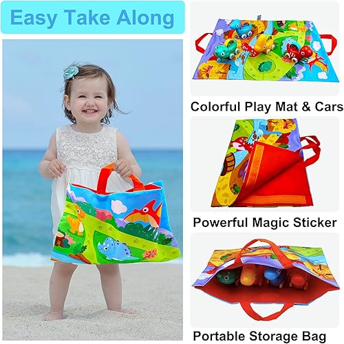 Miniatura 4 de Juguetes de coche de dinosaurio para niño de 1 año juego de 4 vehículos de juguete con alfombrilla de juego y bolsa de almacenamiento juguetes para